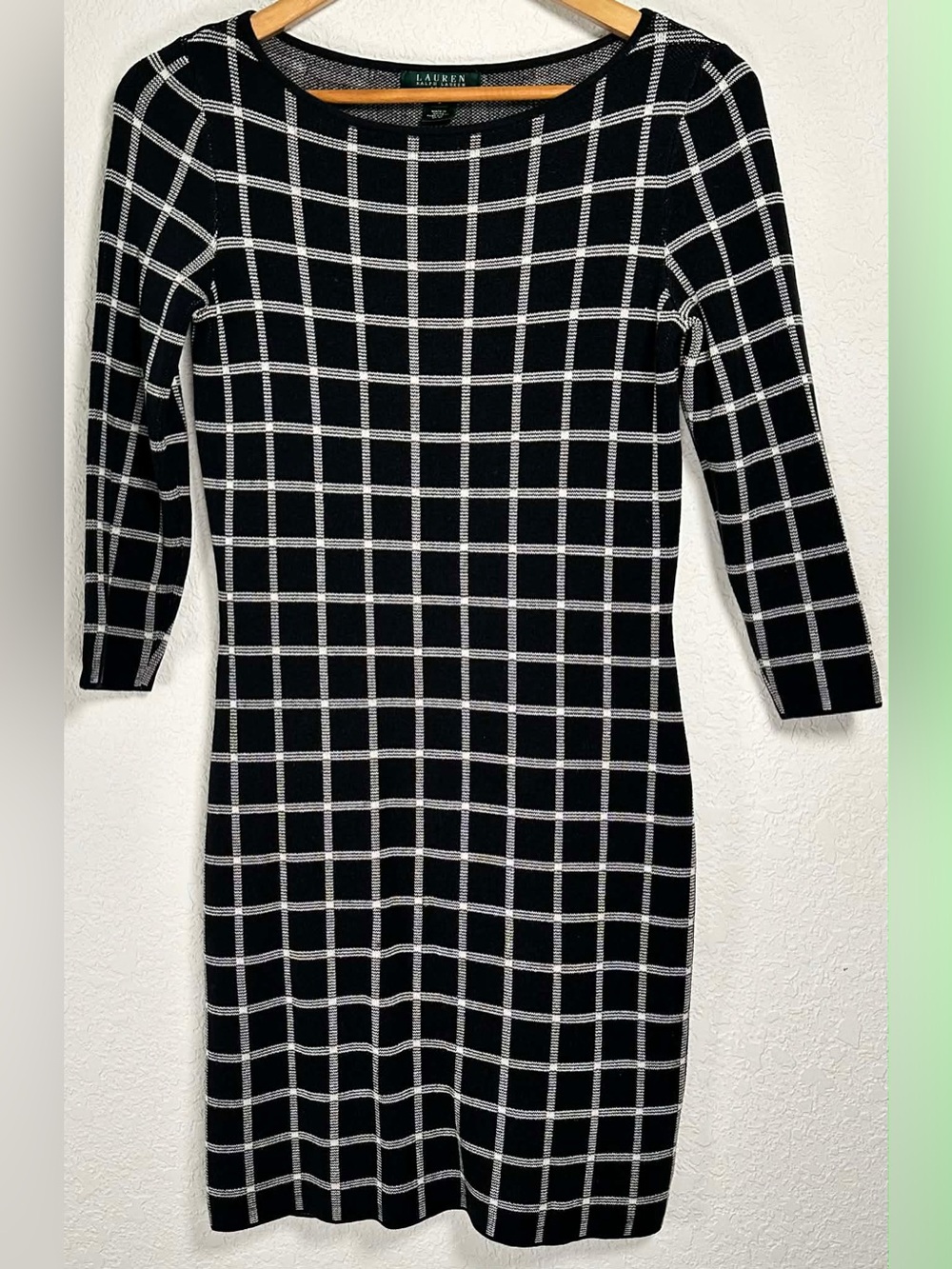 Ralph Lauren Black Knit Windowpane Long Sleeve Dress